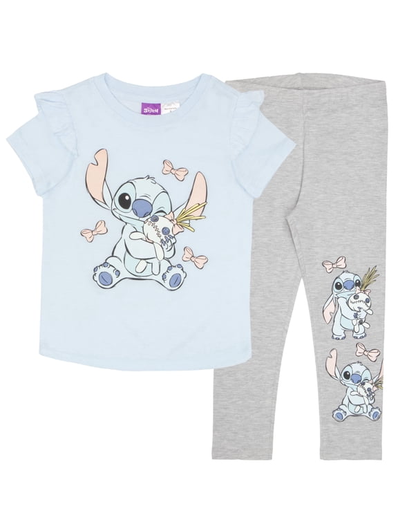 Lilo & Stitch Girls Ruffle Sleeve T-Shirt & Leggings - Stitch and Scrump - 2-Piece Bundle Set for Kids (Sizes 2T-6X)
