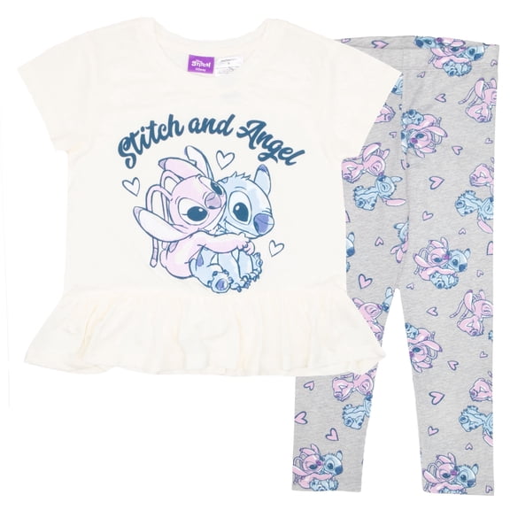 Disney Lilo & Stitch Girls Short Sleeve Ruffle Hem T-Shirt & Leggings - Stitch and Angel - 2-Piece Bundle Set for Kids (Size 2T-6X)