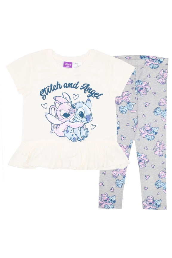 Lilo & Stitch Girls Short Sleeve Ruffle Hem T-Shirt & Leggings - Stitch and Angel - 2-Piece Bundle Set for Kids (Size 2T-6X)
