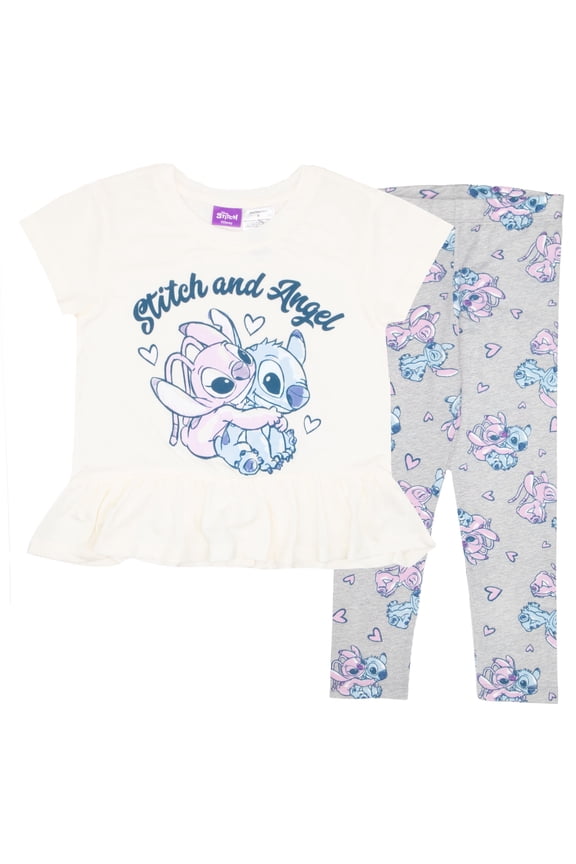 Disney Lilo & Stitch Girls Short Sleeve Ruffle Hem T-Shirt & Leggings - Stitch and Angel - 2-Piece Bundle Set for Kids (Size 2T-6X)