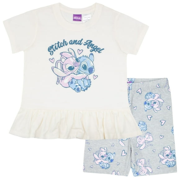 Disney Lilo & Stitch Girls Stitch and Angel 2-Piece Ruffle Hem Short Sleeve T-Shirt and Biker Shorts Set for Kids (Sizes 4-6X)