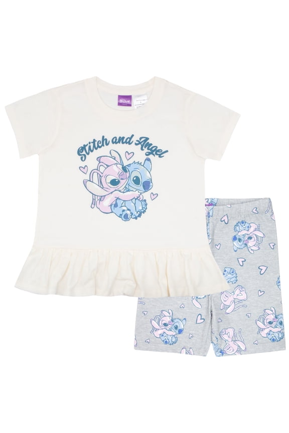 Lilo & Stitch Girls Stitch and Angel 2-Piece Ruffle Hem Short Sleeve T-Shirt and Biker Shorts Set for Kids (Sizes 4-6X)