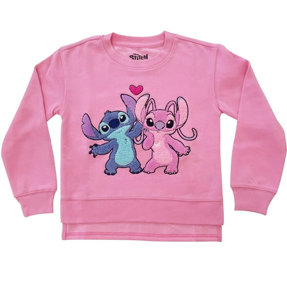 Disney Lilo & Stitch Girls Sweatshirt -Jumbo Graphic Print, Chenille patch and Embroidery Stitch Pullover Crewneck Sweatshirt- Sizes 4-16 Pink
