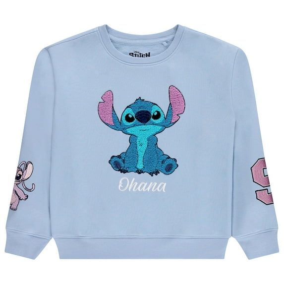 Disney Lilo & Stitch Girls Sweatshirt -Jumbo Graphic Print, Chenille patch and Embroidery Stitch Pullover Crewneck Sweatshirt- Sizes 4-16 Water Blue