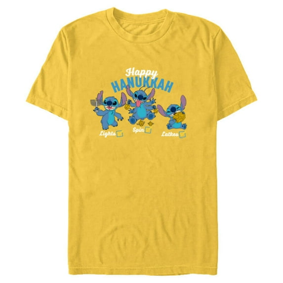 Disney Lilo & Stitch Happy Hanukkah Lights Spin Latkes - Short Sleeve Blended T-Shirt for Adults - Customized-Yellow