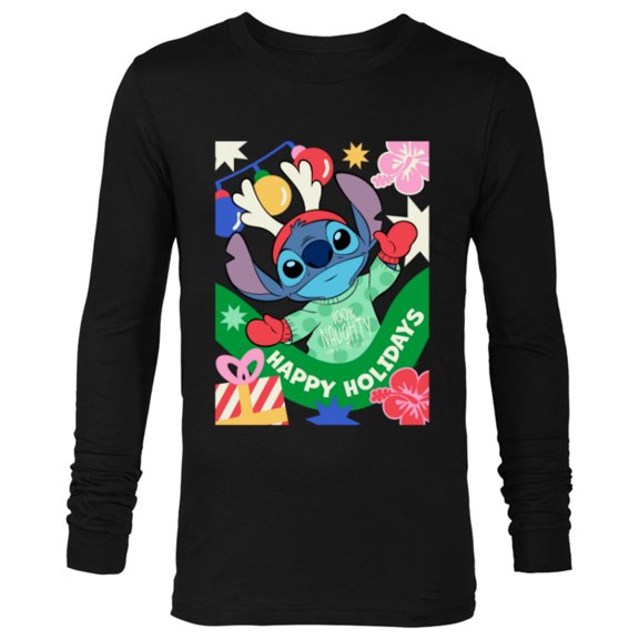 Disney Lilo & Stitch Happy Holidays 100% Naughty Christmas - Long Sleeve T-Shirt for Men - Customized-Black