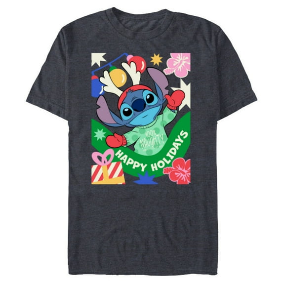 Disney Lilo & Stitch Happy Holidays 100% Naughty Christmas - Short Sleeve Blended T-Shirt for Adults - Customized-Navy Heather