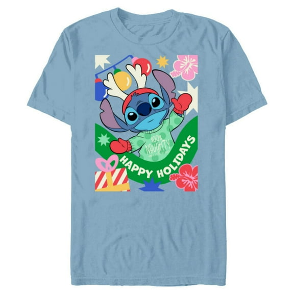 Disney Lilo & Stitch Happy Holidays 100% Naughty Christmas - Short Sleeve Blended T-Shirt for Adults - Customized-Ocean Blue