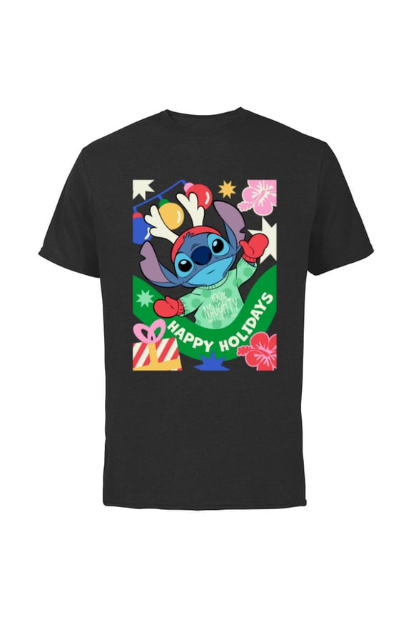Lilo & Stitch Happy Holidays 100% Naughty Christmas - Short Sleeve Cotton T-Shirt for Adults - Customized-Black