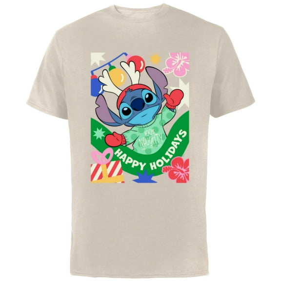 Disney Lilo & Stitch Happy Holidays 100% Naughty Christmas - Short Sleeve Cotton T-Shirt for Adults - Customized-Natural