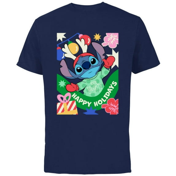 Disney Lilo & Stitch Happy Holidays 100% Naughty Christmas - Short Sleeve Cotton T-Shirt for Adults - Customized-Navy