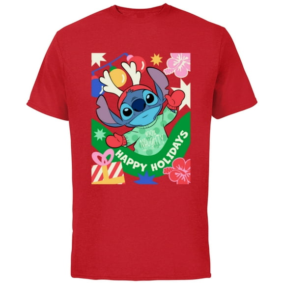 Disney Lilo & Stitch Happy Holidays 100% Naughty Christmas - Short Sleeve Cotton T-Shirt for Adults - Customized-Red