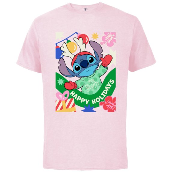 Disney Lilo & Stitch Happy Holidays 100% Naughty Christmas - Short Sleeve Cotton T-Shirt for Adults - Customized-Soft Pink