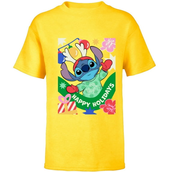 Disney Lilo & Stitch Happy Holidays 100% Naughty Christmas - Short Sleeve T-Shirt for Kids - Customized-Yellow
