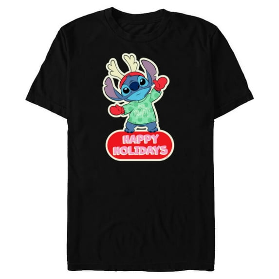 Disney Lilo & Stitch Happy Holidays Christmas 100% Naughty - Short Sleeve Blended T-Shirt for Adults - Customized-Black
