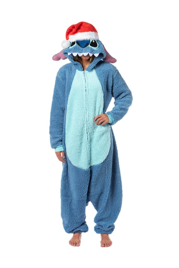 Disney Lilo & Stitch Hooded Kigurumi Women's Stitch Christmas Santa Hat Fleece Costume One Piece Pajama Hooded Union Suit