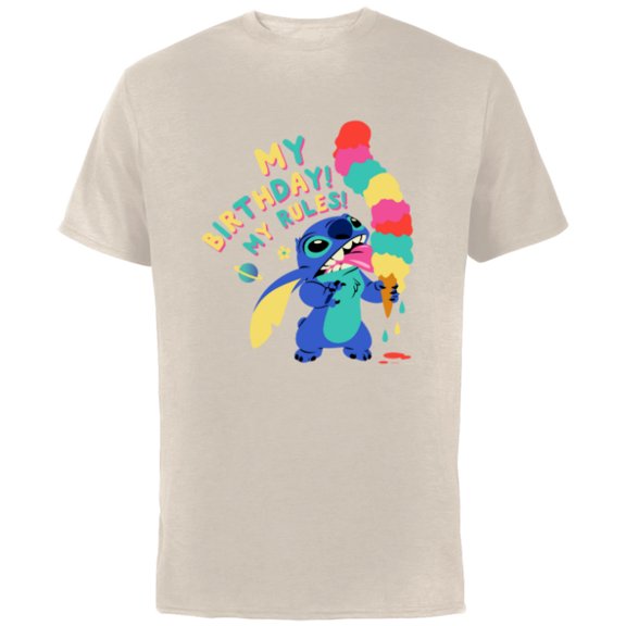 Disney Lilo & Stitch Ice Cream Cone “My Birthday! My Rules!” - Short Sleeve Cotton T-Shirt for Adults - Customized-Natural