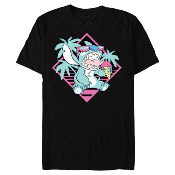 Disney Lilo & Stitch Ice Cream Retro 90s Beach - Short Sleeve Blended T-Shirt for Adults -Customized-Black