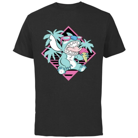 Disney Lilo & Stitch Ice Cream Retro 90s Beach - Short Sleeve Cotton T-Shirt for Adults -Customized-Black