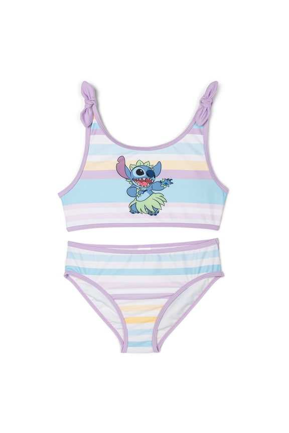 Lilo & Stitch Little Girls' 2-Piece Graphic Bikini Swimsuit Set Pastel Stripe Hula Stitch