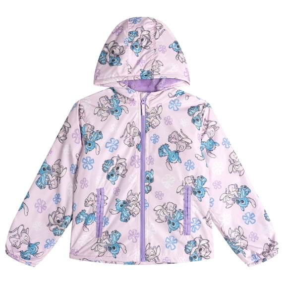 Disney Lilo & Stitch Little Girls' Fleece Lined Hooded Rain Jacket Pink Stitch and Angel