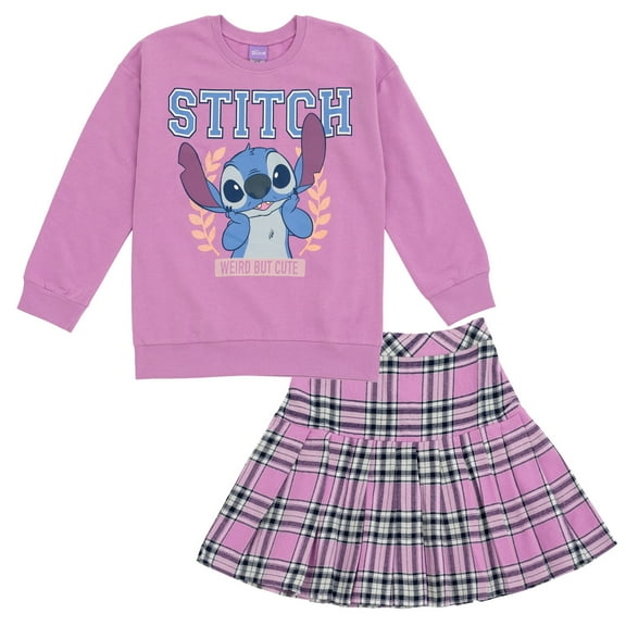 Disney Lilo & Stitch Little Girls Fleece Sweatshirt and Skirt Plaid Purple 6