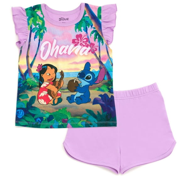 Disney Lilo & Stitch Little Girls T-Shirt and French Terry Shorts Outfit Set Little Kid to Big Kid