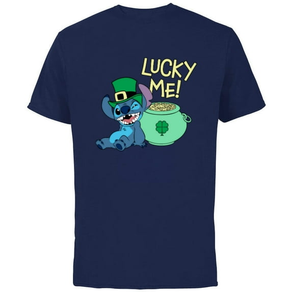 Disney Lilo & Stitch Lucky Me Stitch St Patrick’s Day - Short Sleeve Cotton T-Shirt for Adults - Customized-Navy