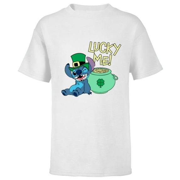 Disney Lilo & Stitch Lucky Me Stitch St Patrick’s Day - Short Sleeve T-Shirt for Kids - Customized-White