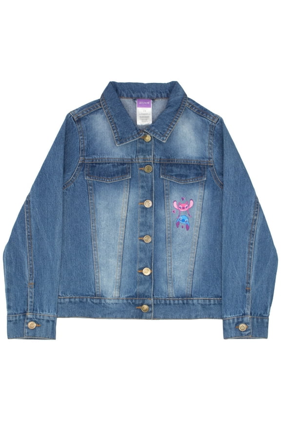 Lilo & Stitch Girl's Button Up Jean Jacket - Fashion Denim Jacket with Disney Character Graphics for Kids (Sizes 7-16)
