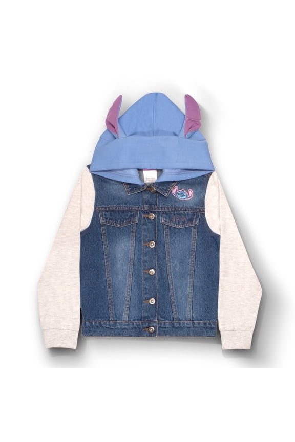 Lilo & Stitch Minnie Mouse Girl's Hoodie Jean Jacket with Ears - Fashion Hooded Denim Jacket for Kids (Size 4-12)