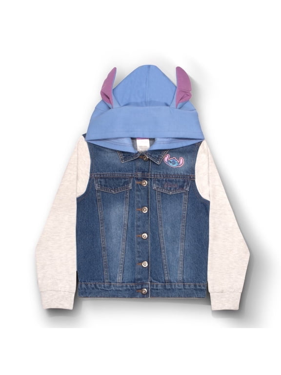 Lilo & Stitch Minnie Mouse Girl's Hoodie Jean Jacket with Ears - Fashion Hooded Denim Jacket for Kids (Size 4-12)