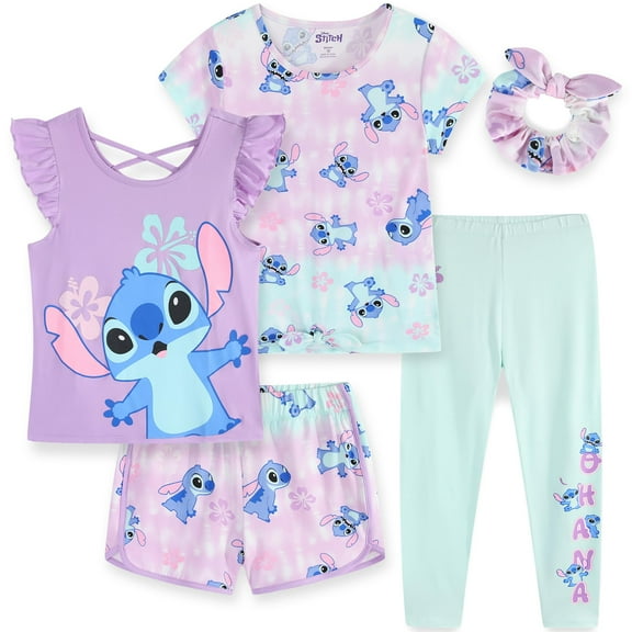 Disney Lilo & Stitch Mix and Match Outfit Set with 2 Tops, Leggings, Shorts & Scrunchie (Girls), 5 Piece Set, Sizes 4-12