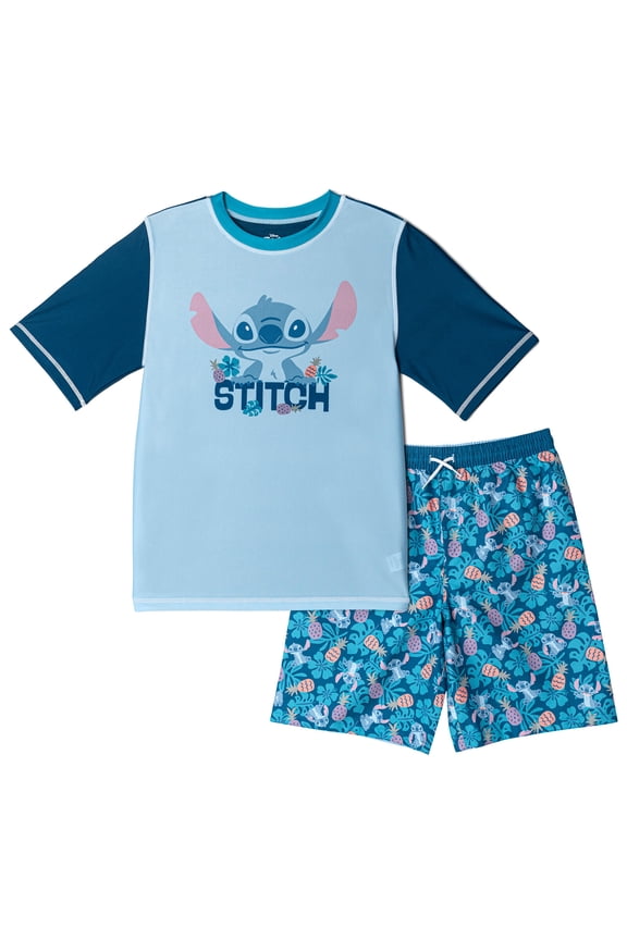Lilo & Stitch Little Boys' Swimwear 2-Piece Rash Guard and Swim Trunks Set Teal Blue Stitch