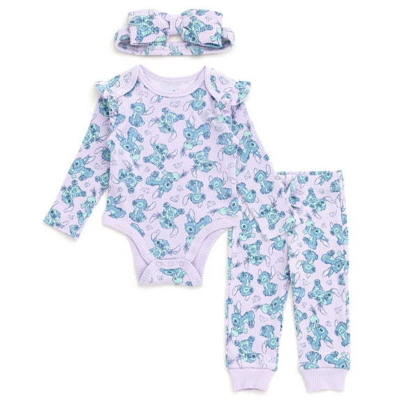 Disney Lilo & Stitch Ribbed Bodysuit, Jogger Pants and Headband 3 Piece Outfit Set Newborn to Infant