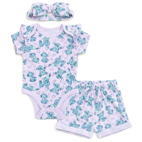 Disney Lilo & Stitch Ribbed Bodysuit, Shorts and Headband 3 Piece Outfit Set Newborn to Infant