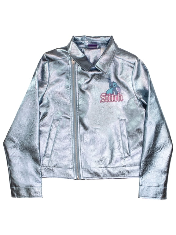 Lilo & Stitch Rock and Roll Girl's Faux Leather Jacket - Zip-Up Moto Biker Jacket for Kids (Size 4-12)