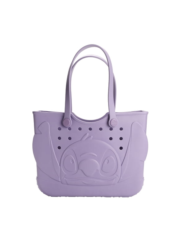 Disney Lilo & Stitch EVA Gummy Tote Bag - Waterproof Rubber Beach Bag, Purple Stitch Design, Large 16.5" Carry-All for Pool, Travel & Everyday Use