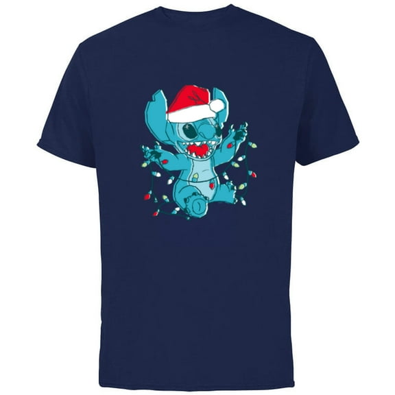 Disney Lilo & Stitch Santa 626 Christmas Lights - Short Sleeve Cotton T-Shirt for Adults - Customized-Navy