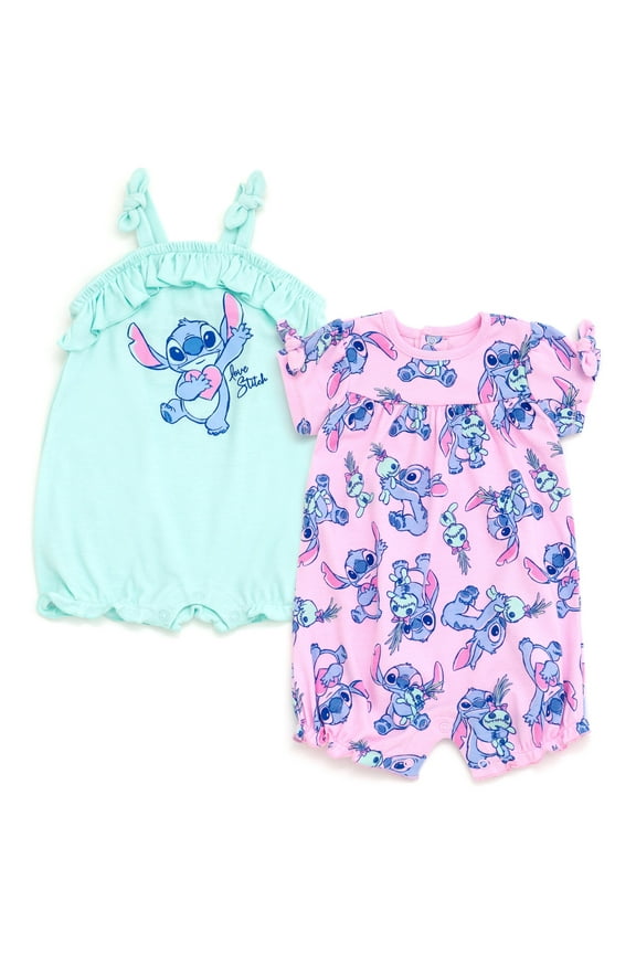 Disney Lilo & Stitch Baby Girls' 2-Pack Short Sleeve and Sleeveless Bubble Romper Set Blue and Pink Stitch