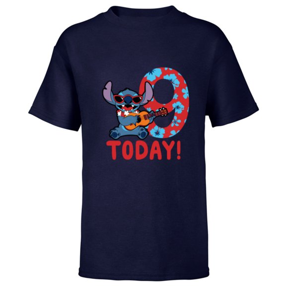 Disney Lilo & Stitch Tropical Birthday 9 Years Old Today - Short Sleeve T-Shirt for Kids - Customized-Navy