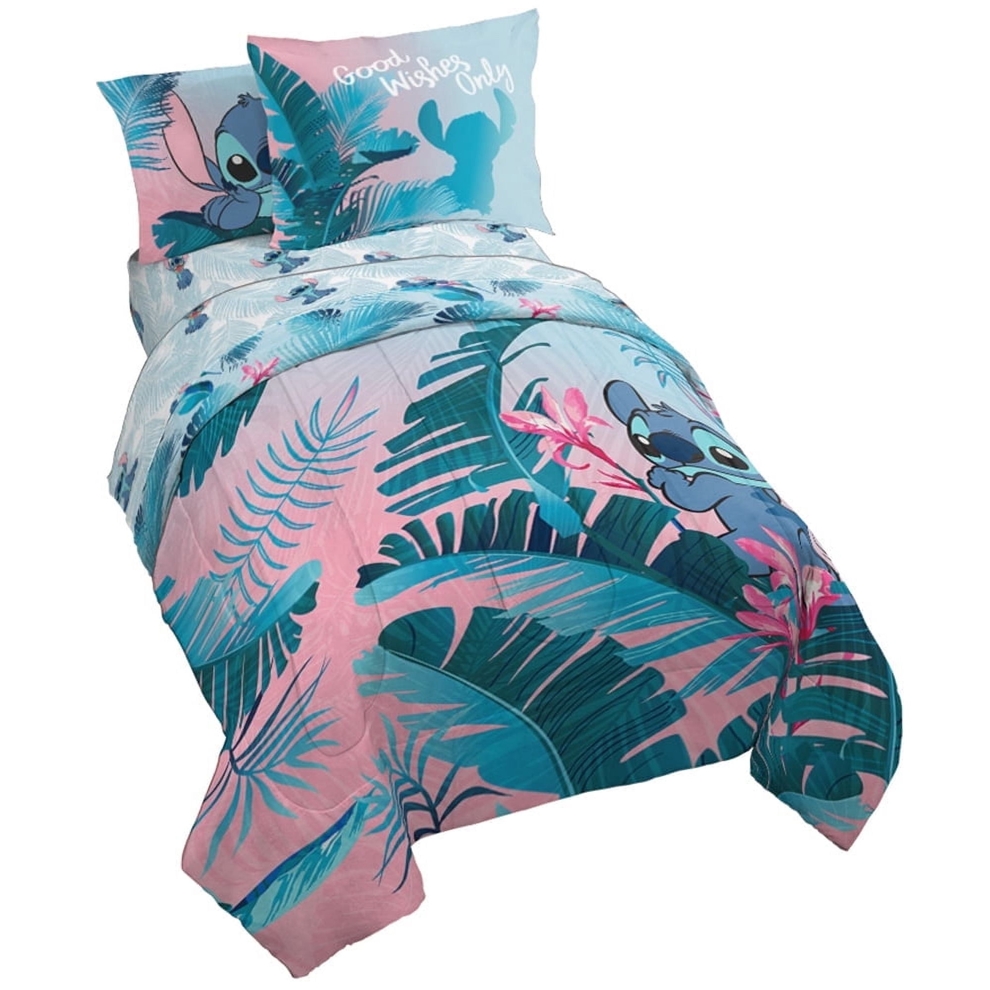 Disney Lilo & Stitch Tropical Flowers 5 Piece Twin Size Kids Comfroter Set with Shams