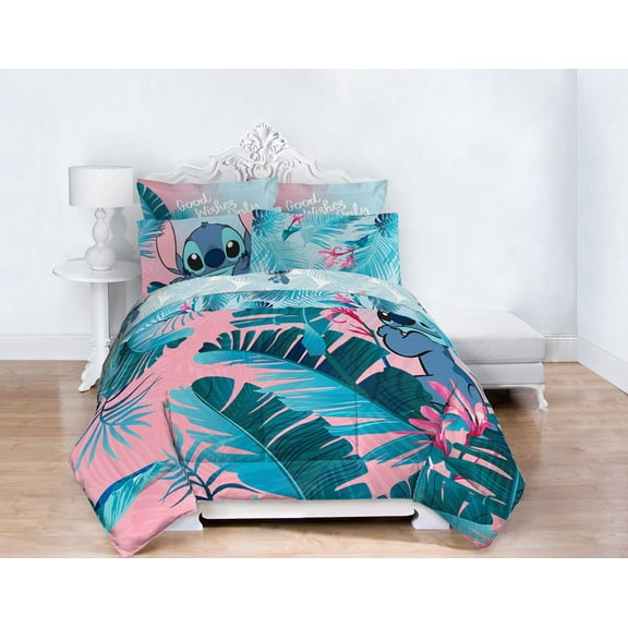 Lilo & Stitch Tropical Flowers Kids Queen Bed in a Bag Bedding Set w/ Reversible Comforter