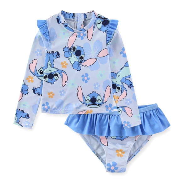 Disney Lilo & Stitch UPF 50+ Long Sleeve Rash Guard and Bikini Bottom Swimsuit Set (Girls), 2 Piece Swimsuit Set, Sizes 4-6X