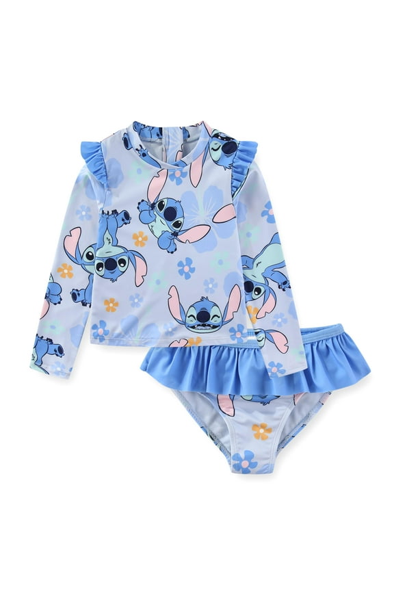 Lilo & Stitch UPF 50+ Long Sleeve Rash Guard and Bikini Bottom Swimsuit Set (Girls), 2 Piece Swimsuit Set, Sizes 4-6X