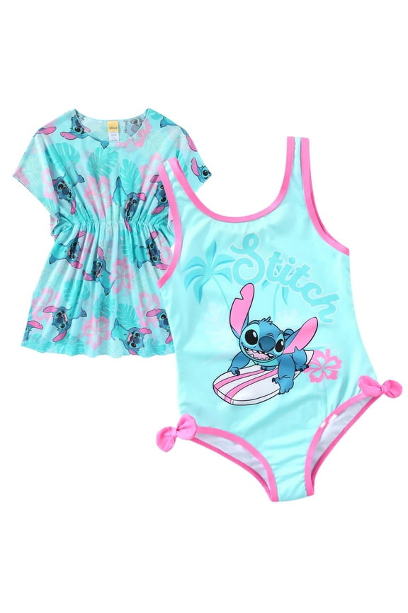 Lilo & Stitch UPF 50+ One Piece Bathing Suit with Mesh Cover-Up Beach Robe (Girls), 2 Piece Set, Sizes 4-12