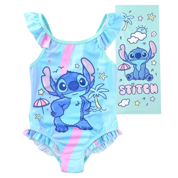 Disney Lilo & Stitch UPF 50+ One Piece Swimsuit Bathing Suit with Towel (Girls), 2 Piece Set, Sizes 3T-10