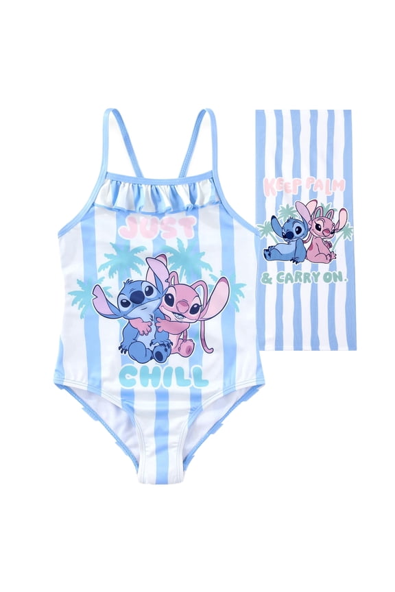 Lilo & Stitch UPF 50+ One Piece Swimsuit Bathing Suit with Towel (Girls), 2 Piece Set, Sizes 4-10