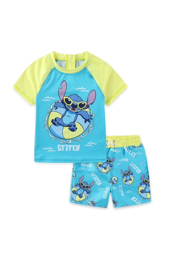 Lilo & Stitch UPF 50+ Short Sleeve Rash Guard Shirt and Swim Trunks Shorts Swimwear Set (Boys), 2 Piece Set, Sizes 4-10