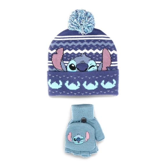 Disney Lilo & Stitch Unisex Pom Beanie and Winter Glove 2-Piece Set, Blue